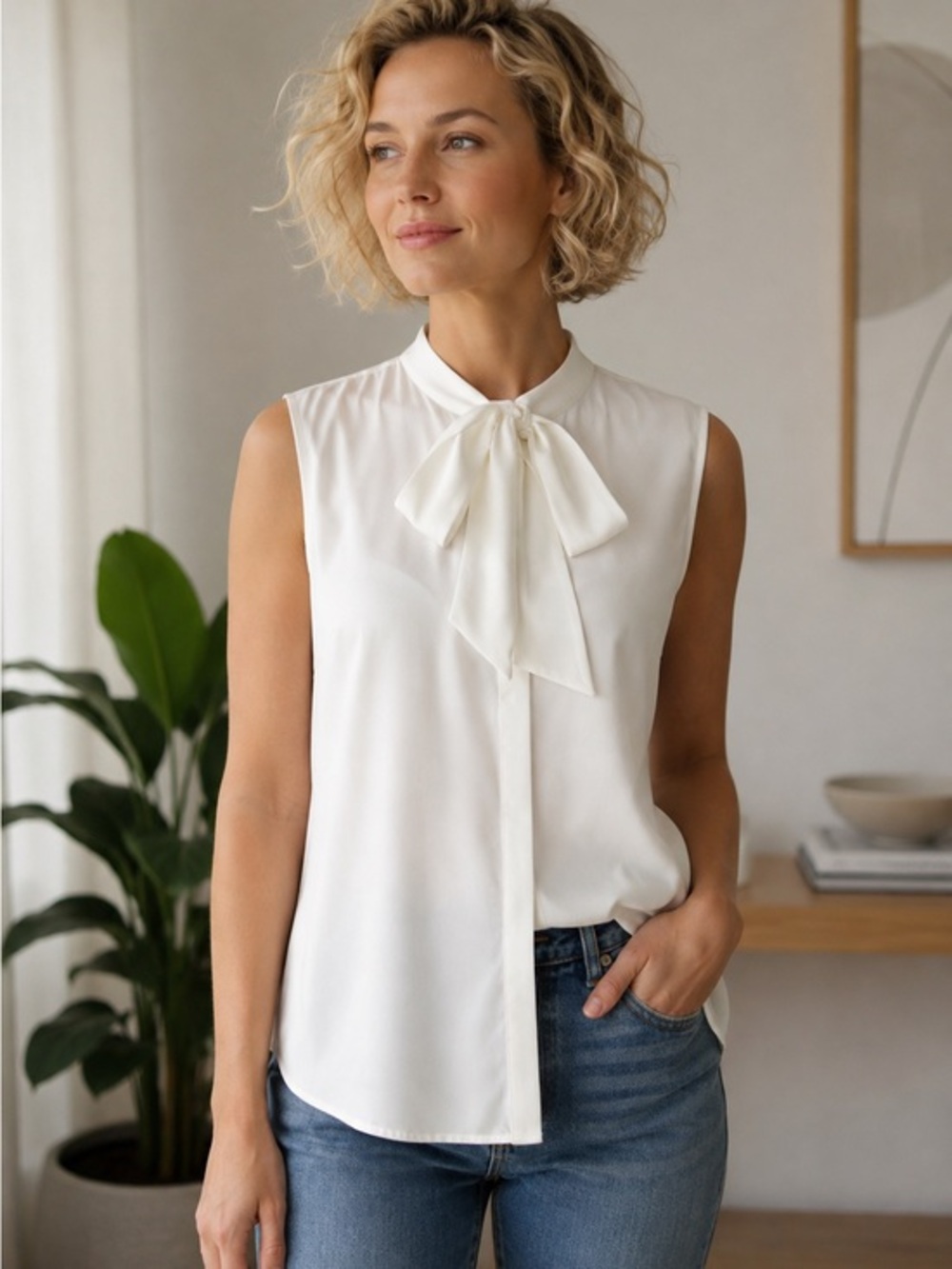 Ming Wang Sleeveless Button Down White Blouse Size Large